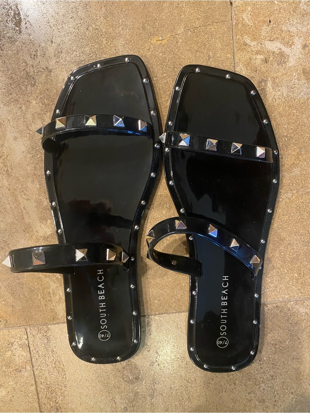 South Beach Black Studded Patent Slide Sandals